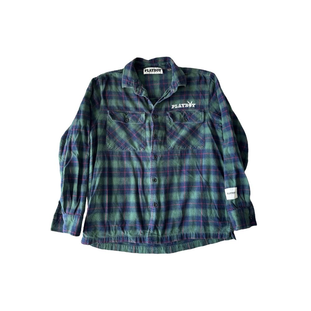 Playboy PacSun Green Blue Plaid Flannel Shirt Men’s Medium Long Sleeve - Picture 2 of 9